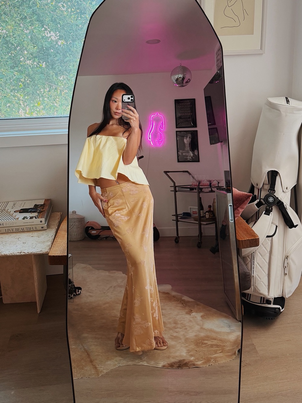 Yellow Satin Floral Maxi Skirt - Women's Skirt